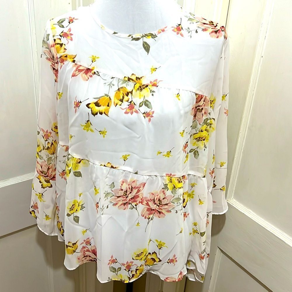 Est 1946 Women's Large Sheer Pullover Floral Flutter Sleeve Peasant Blouse